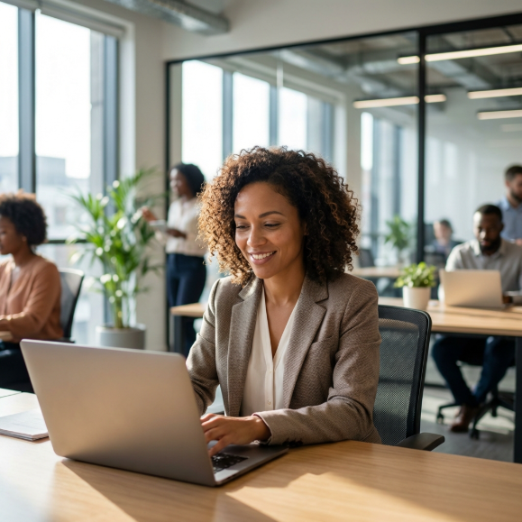 Profissional sorrindo ao usar o computador, sentindo confiança no seu currículo - Editor com IA